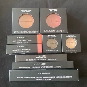 MAC Cosmetics blush, lipstick, lip prep and prime, eyeliner, and mascara